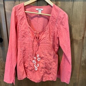 Free People size Large (L) fits medium better. pink embroidery early 2000s vibe